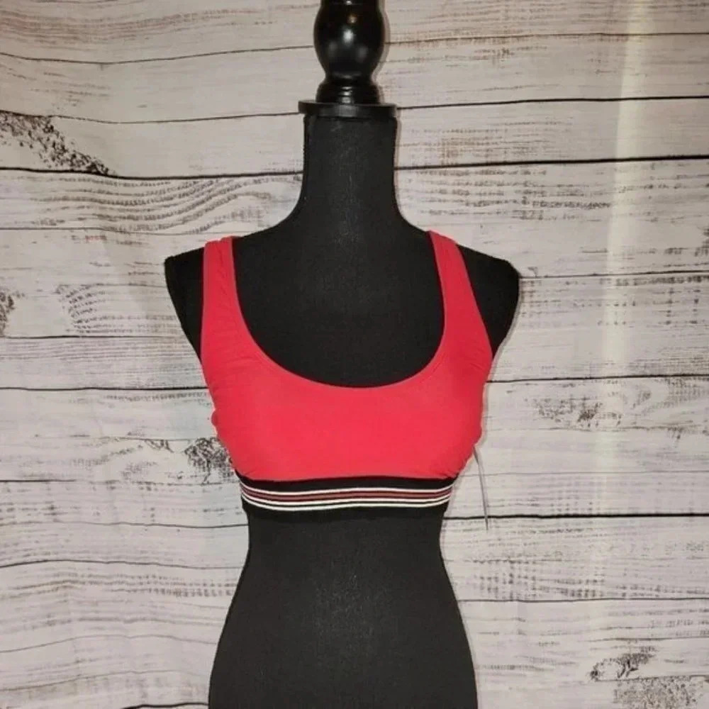 REEBOK Red Racerback Bikini Top with Removable Pads & Black Striped Band | Large